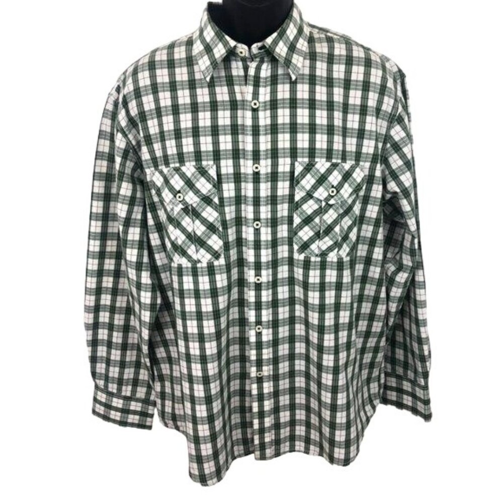 Izod Jeans Men's Size Large Green/White Plaid Long Sleeve Button Up Shirt